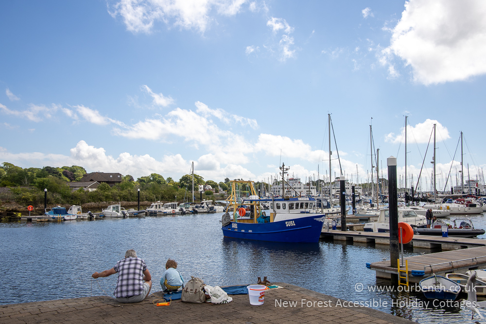Fishing boats and waterside cottages around Lymington Quay