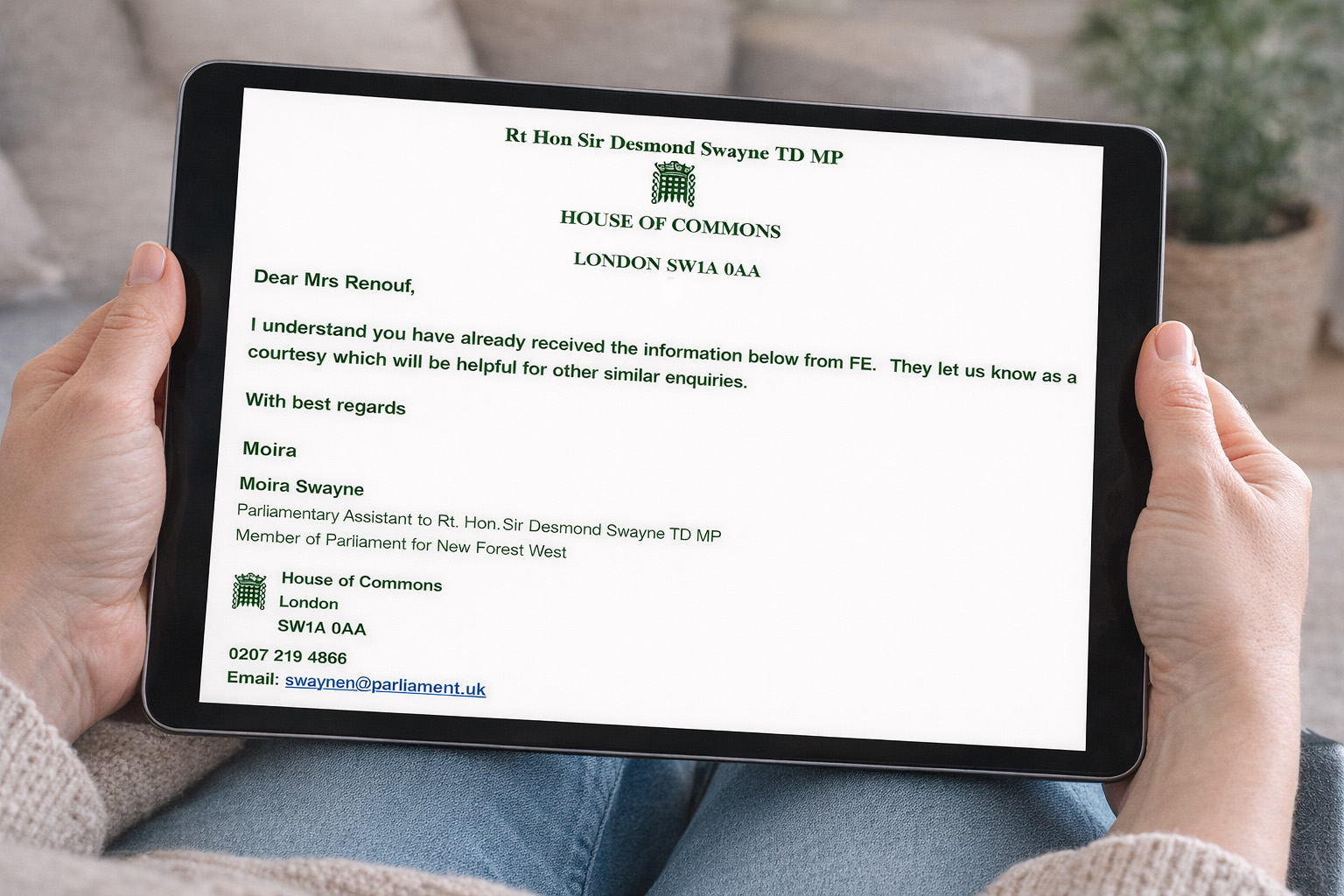 Rt Hon Desmond Swayne response regarding Forestry England's parking 