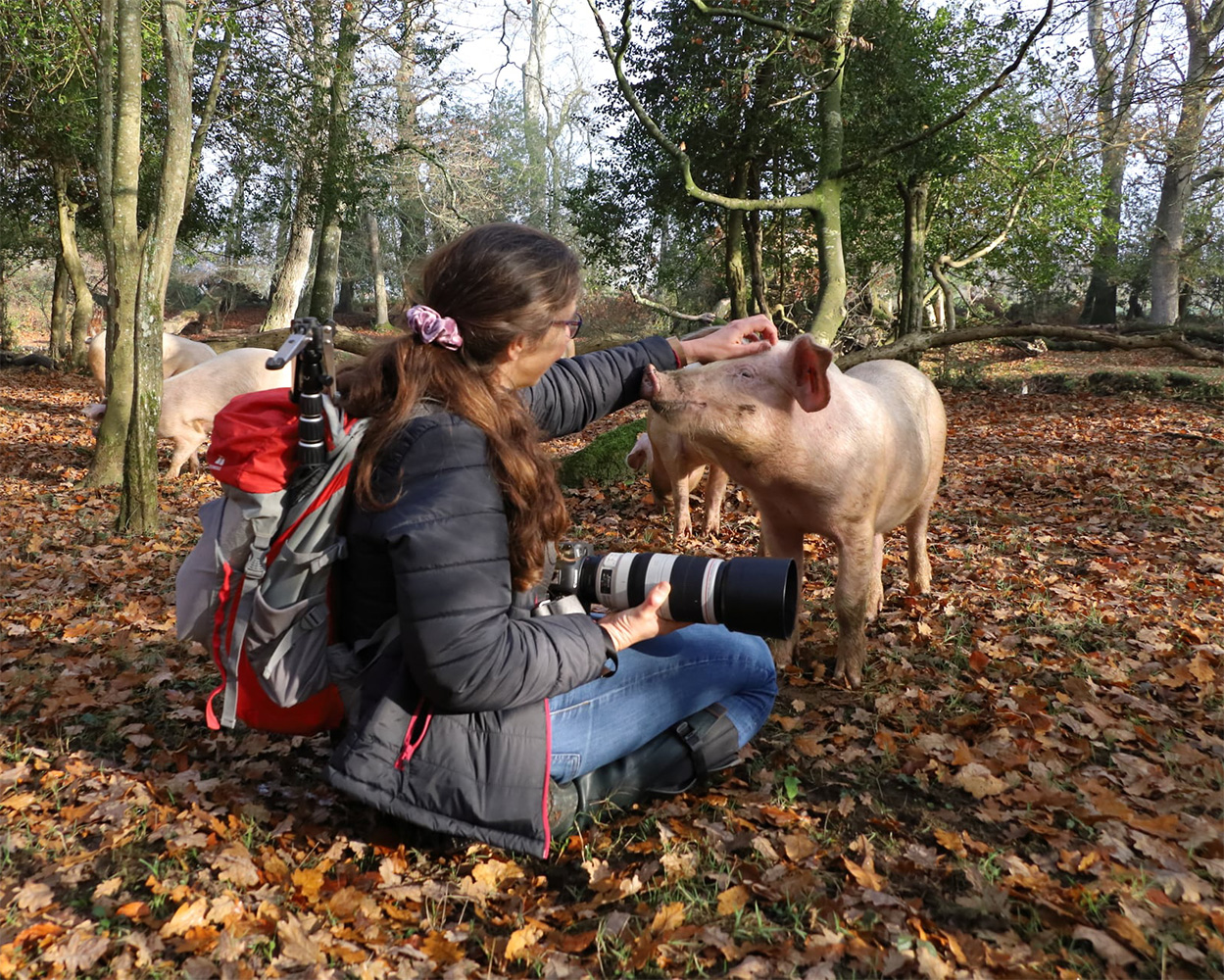 Helen, out in the forest with a camera and a pig