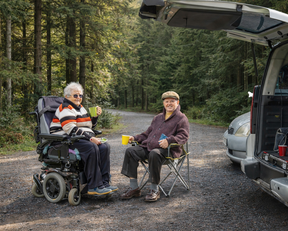 Two people enjoying a forest car pak - one in a wheelchair, one sitting in a chair, both drinking coffee.